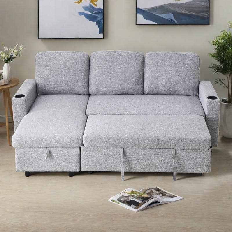 78.5" Linen L-Shaped Convertible Sofa Bed with Pull-Out Sleeper, Reversible Design & Storage Ottoman - Light Gray