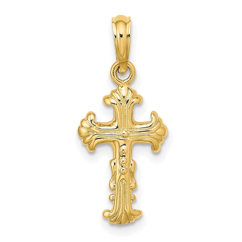Curata 14k Yellow Gold Mini Polished Ribbed Ornate Cross Necklace 10mm x 17mm
