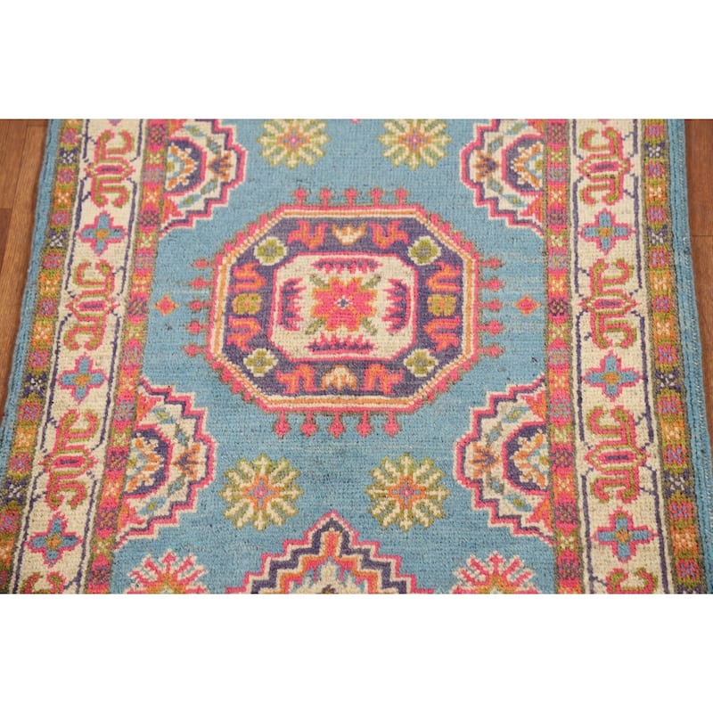 Light Blue Geometric Kazak Foyer Rug Traditional Handmade Wool Carpet - 2'0" x 3'0"