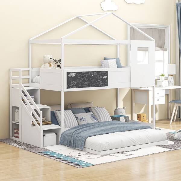 slide 2 of 20, Twin over Full House Bunk Bed with Storage Staircase & Doodle Blackboard, Solid Wood Slats Support, Perfect for Kids' Bedroom Cream White