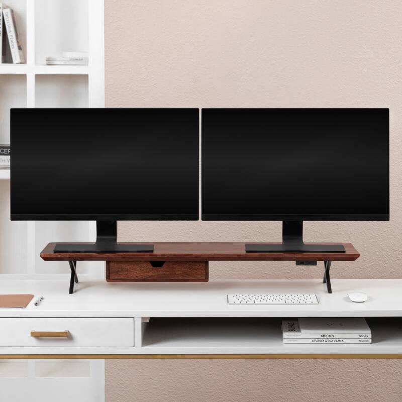 Jani Wood Monitor Stand Riser Desk - Ergonomic Design Stand, Desktop Organizer Table for Home, Office Workspace, Gaming Desk - Tan