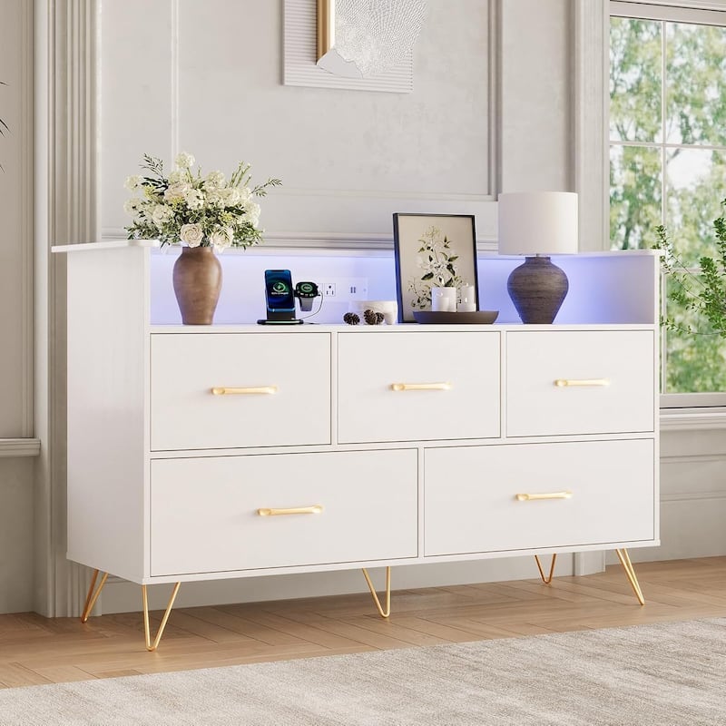 5 Drawer Dresser TV Stand for Bedroom with Charging Station & LED Lights - White
