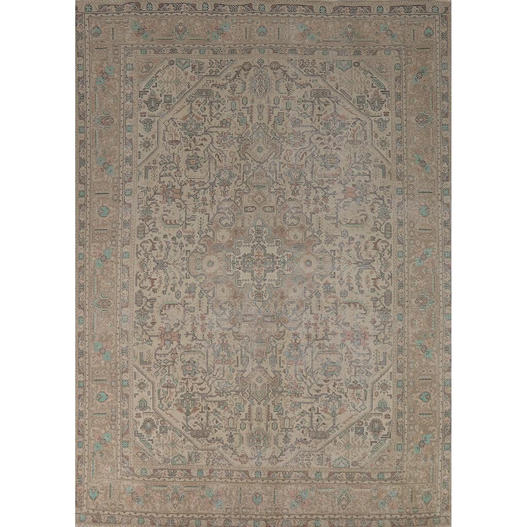 Geometric Beige Tabriz Persian Area Rug Handmade Wool Carpet - 8'0"x 11'0"