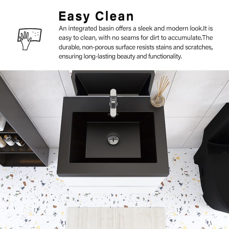 24/30/36 inch Wall-Mounted Bathroom Vanity Set in White with Integrated Black Resin Sink