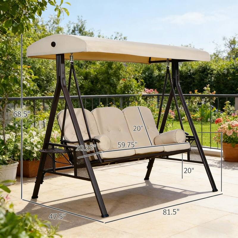 GDFStudio - 3-Seat Patio Swing Chair with Tiltable Canopy and Side Trays