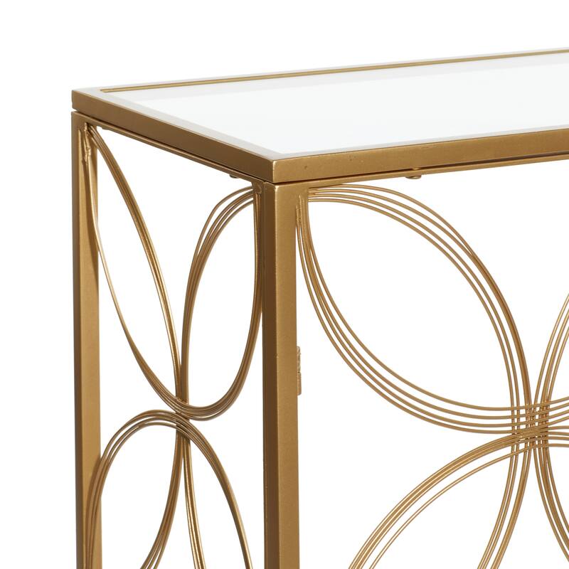 Gold Metal Open Style Quatrefoil Frame Geometric Console Table with Glass Top