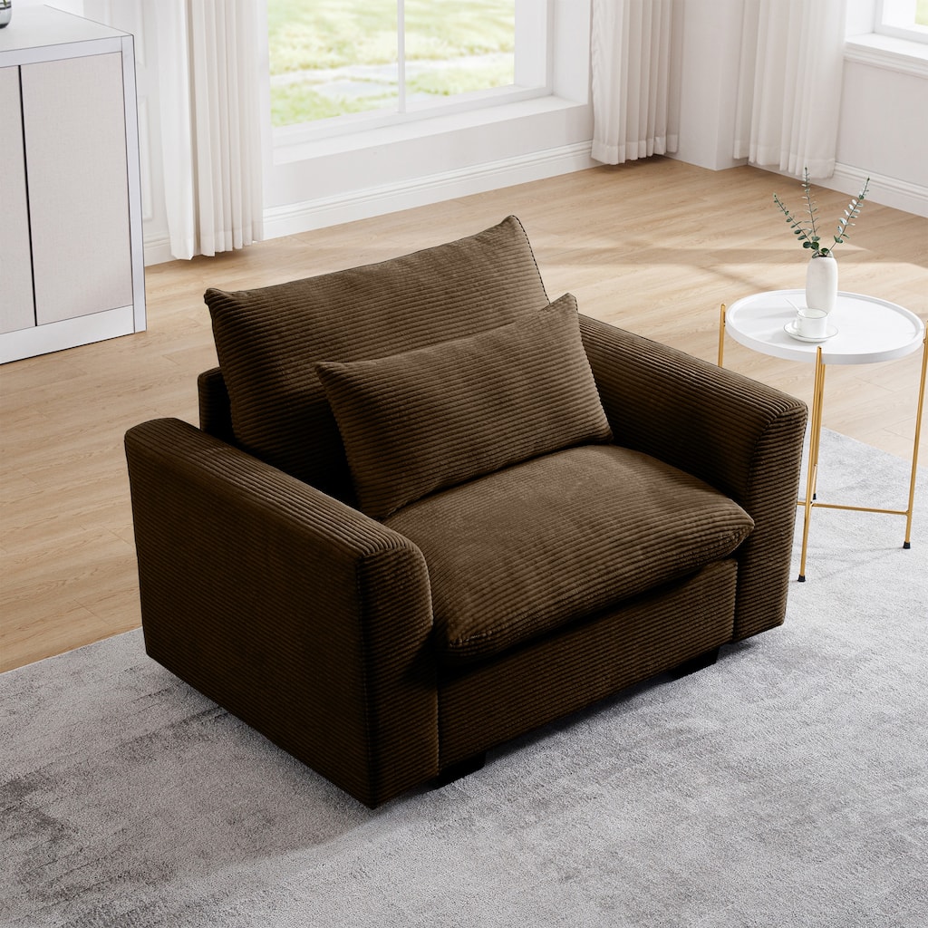 Corduroy Deep Seat Single Sofa Chair, Ergonomic Upholstered Lounge Accent Chair, Reading Armchair with Waist Pillow
