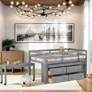 Twin Size Wooden Loft Bed with Lateral Portable Desk and Shelves