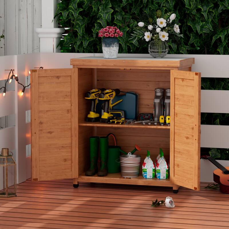Potting Bench with Storage Cabinet and Metal Table Top for Outdoor Patio