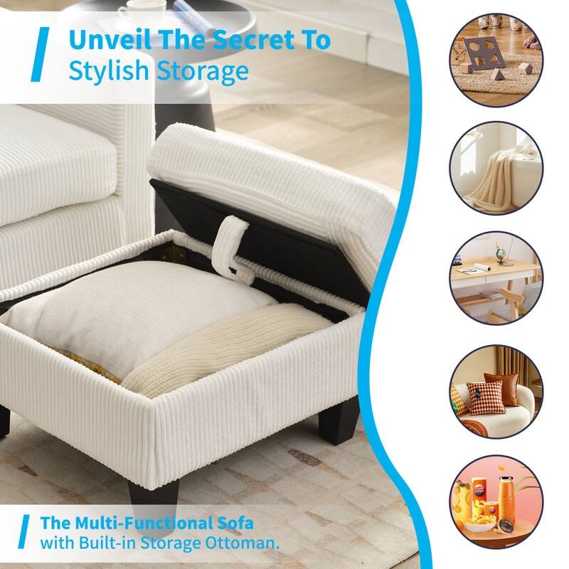 Mixoy 76'' L-Shaped Small Sofa Couch,3-Seater Corduroy Sectional Sofa with Storage Ottoman