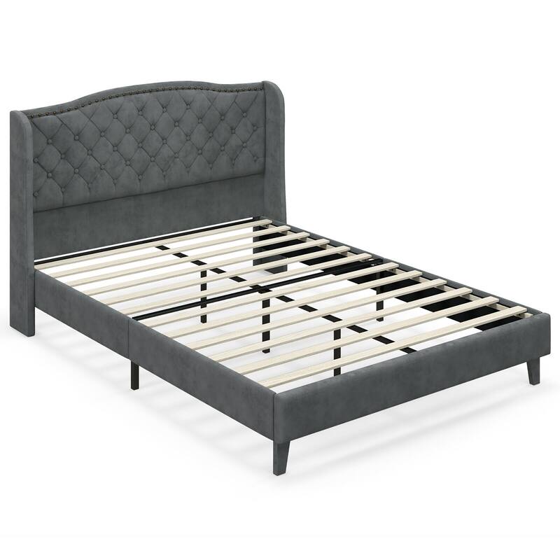 Gymax Full Upholstered Platform Bed Frame w/ Button Tufted Headboard