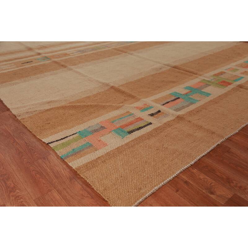 Hand Woven Oriental 100% Jute Carpet Modern Stripe Multi-Colored Kilim Area Rug - 12' 0'' X 8' 10''