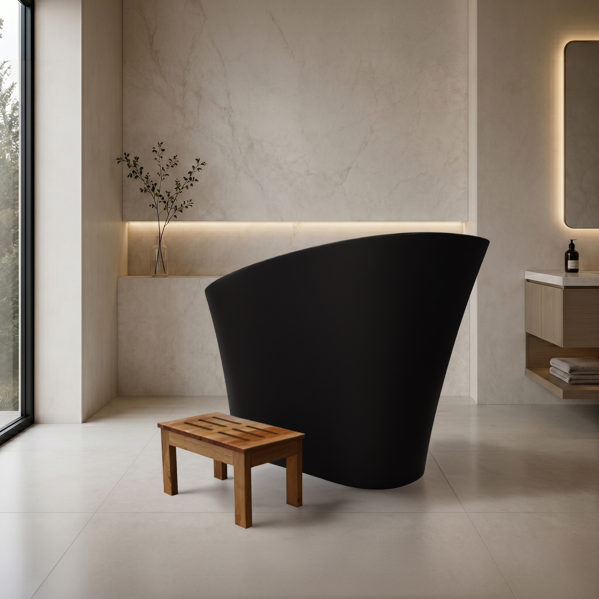 Modern Japanese Solid Surface Soaking Bathtub in White and Black
