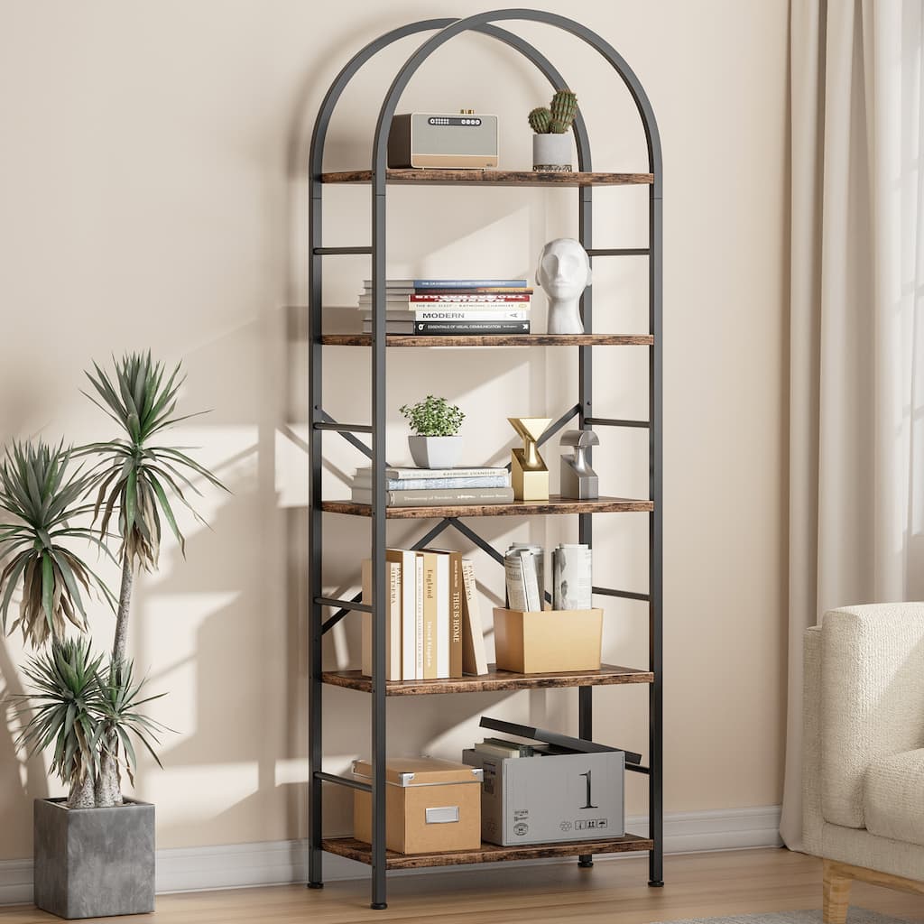 Futzca 5 Tiers Bookshelf Arched, Wooden Bookcase Display Rack