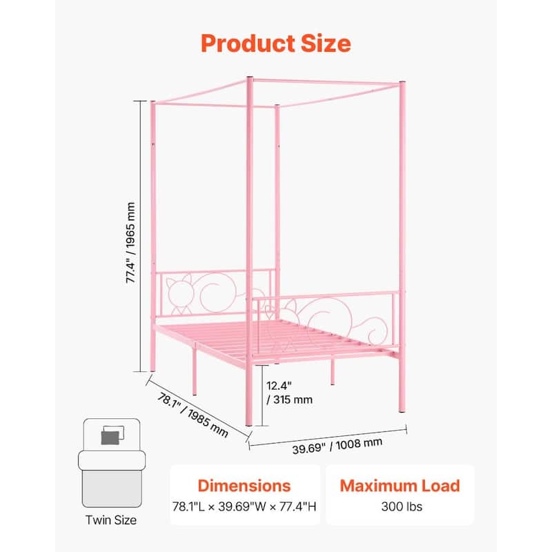 Pink Twin Canopy Bed Frame Metal Sturdy Four-Post Design with Under-Bed Storage Space