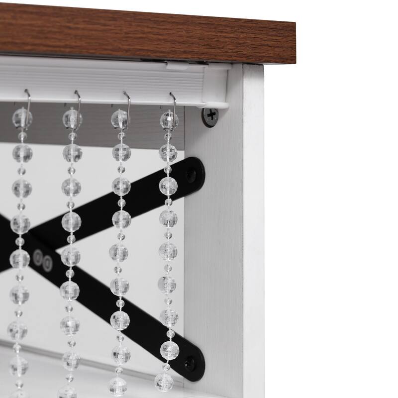 46.5'' Farmhouse Kitchen Island with Drape of Beads, Power Outlet, Drop Leaf, Rolling Wheels, 3 Doors and 3 Drawers