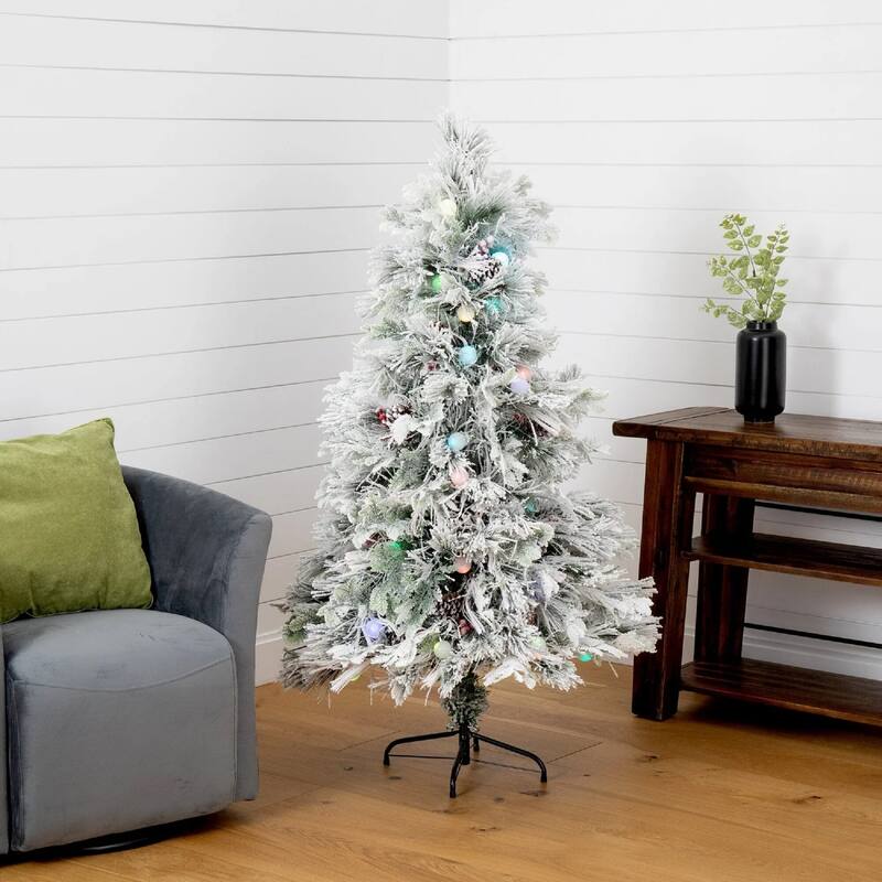 5' Pre-Lit Flocked Fiber Optic Artificial Christmas Tree, Multicolor LED Lights - 5 Foot