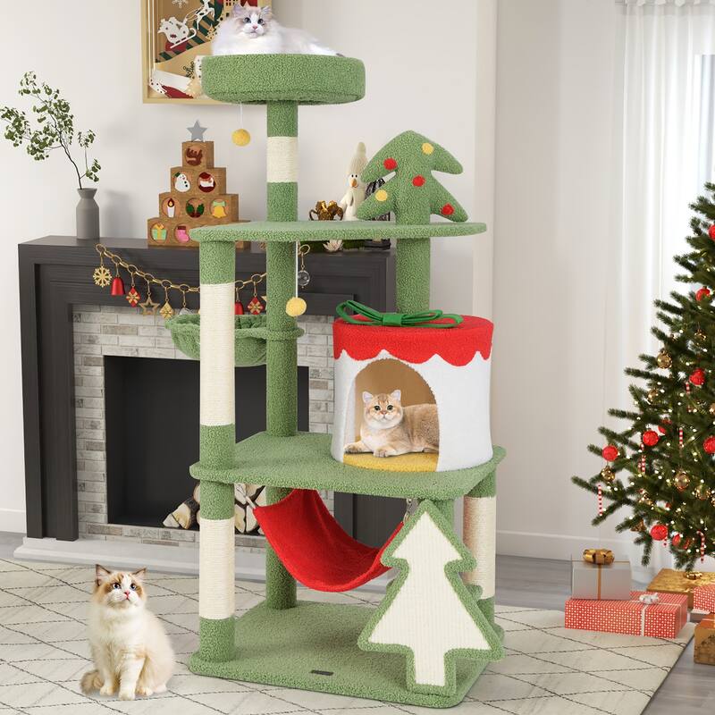 Gymax 52'' Tall Christmas Cat Tree w/ Sisal Scratching Posts Gift Box