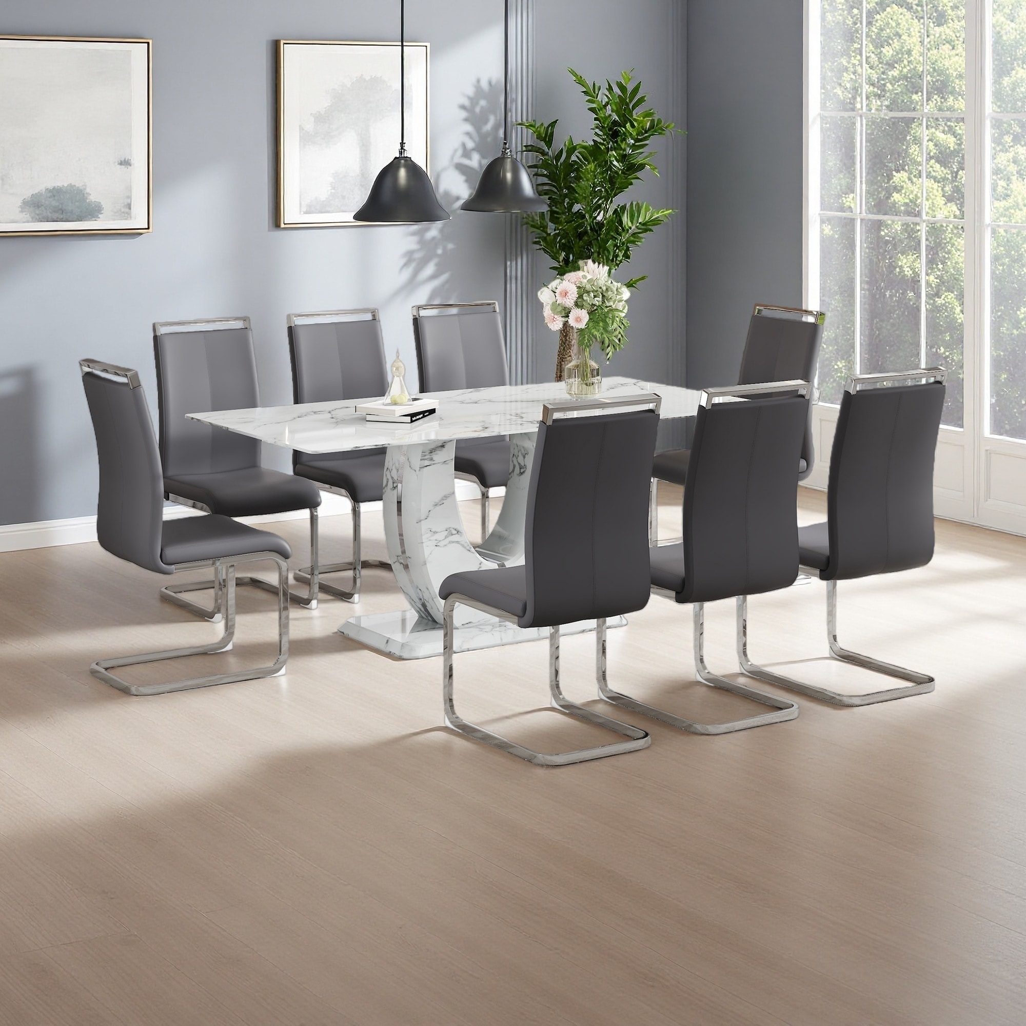 9-Piece Dining Set with Marble Pattern Table and 8 PU Armless Chairs