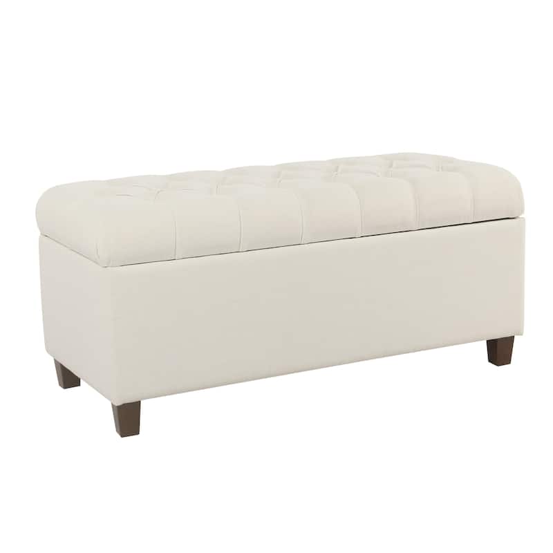 Fabric Upholstered Button Tufted Wooden Bench With Hinged Storage, White and Brown - 18 H x 40 W x 18 L Inches