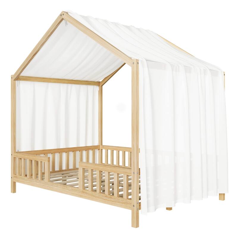 Montessori Bed, House-shape Frame Platform Bed for Kids Toddler, Wood House Daybed with High Railings and Roof, Canopy Bed Frame