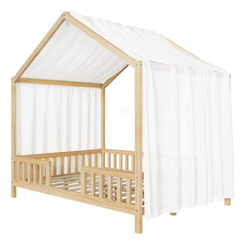 Montessori Toddler Bed Kids House Bed with Airy Canopy, Wood Bed Frame Bed Tent with 4 Full Guardrails, No Box Spring Needed