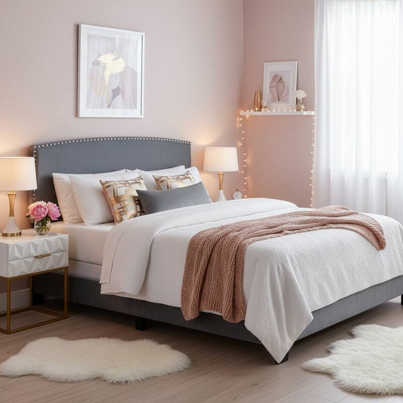 Ausca Fabric Queen Bed with Nail Head Trim