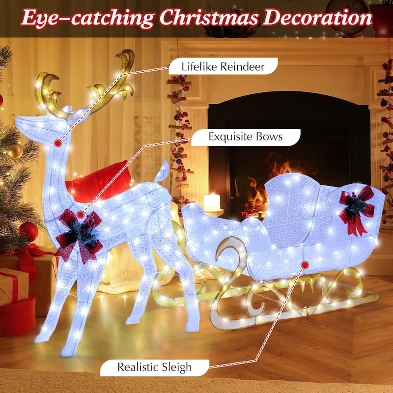 Costway Lighted Christmas Reindeer and Sleigh with 215 White LED - See Details