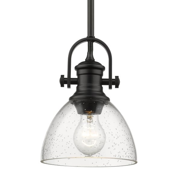slide 2 of 2, Yep by Golden Lighting Hines 1-light 7in Pendant in Matte Black and Seeded Glass