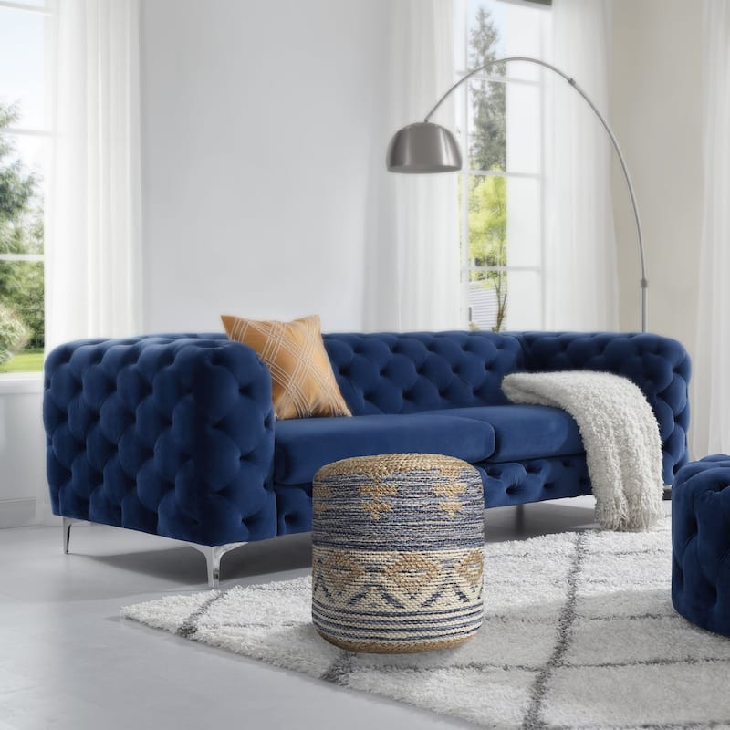 18" Navy Blue and Brown Geometric Jute Round Pouf Ottoman