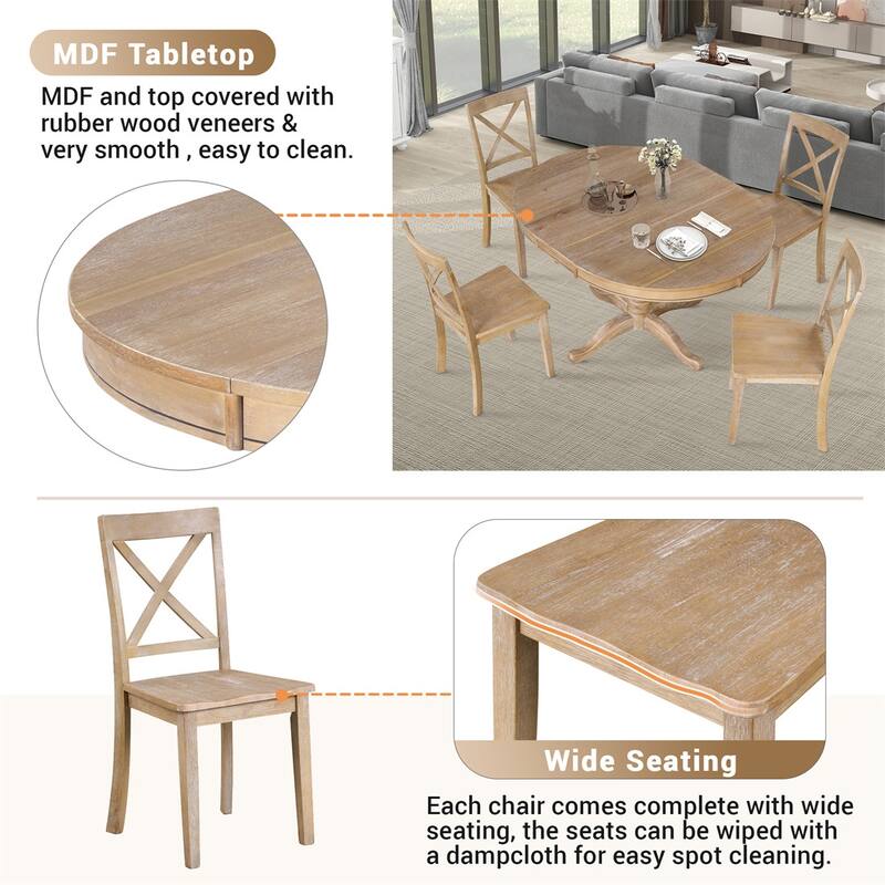 5 PCS Modern Solid Wood Round Extendable Dining Table Set with Chairs