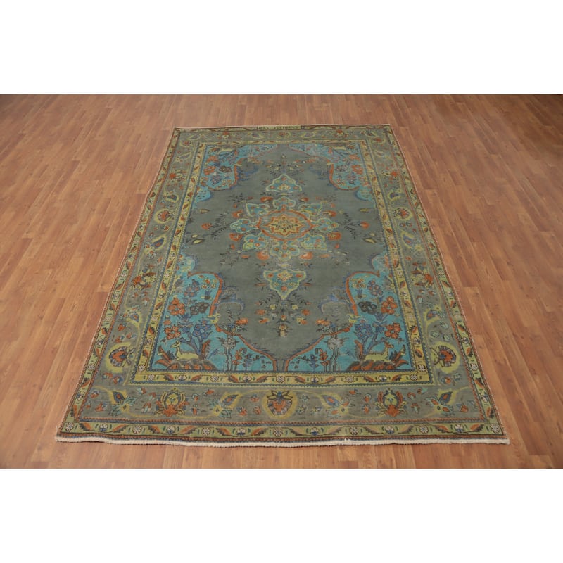 Hand Knotted Oriental 100% Wool Carpet Traditional Medallion Greys & Charcoal Tabriz Area Rug - 9' 7'' X 6' 7''
