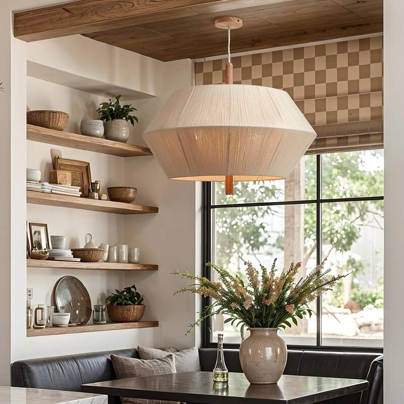 Nimbus Modern Pendant Light - Metal, Wood & Gold, Beige Geometric Light Fixture For Modern, Scandinavian, Minimalist Room Decor