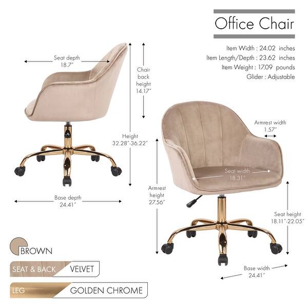 dimension image slide 4 of 6, Porthos Home Xenos Swivel Velvet Office Task Chair