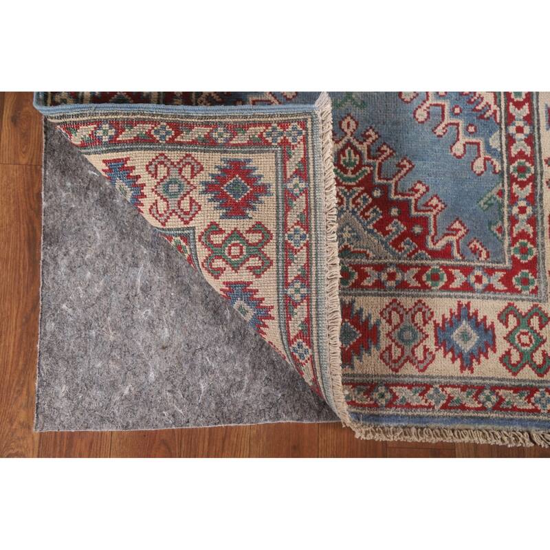 Hand Knotted Oriental 100% Wool Carpet Traditional Geometric Navy Blue & Blues Kazak Runner Rug - 8' 11'' X 2' 9''
