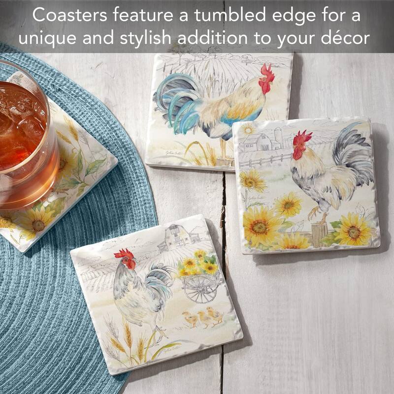 Good Morning Sunshine Rooster Multi-Image Absorbent Stone Coaster 4 Pack with Protective Cork Backing Manufactured in The USA