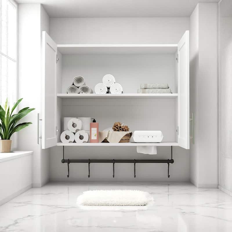 Wall Mounted Bathroom Cabinet with Towel Rack, 5 Hooks, Adjustable Shelf, Compact Storage for Small Spaces