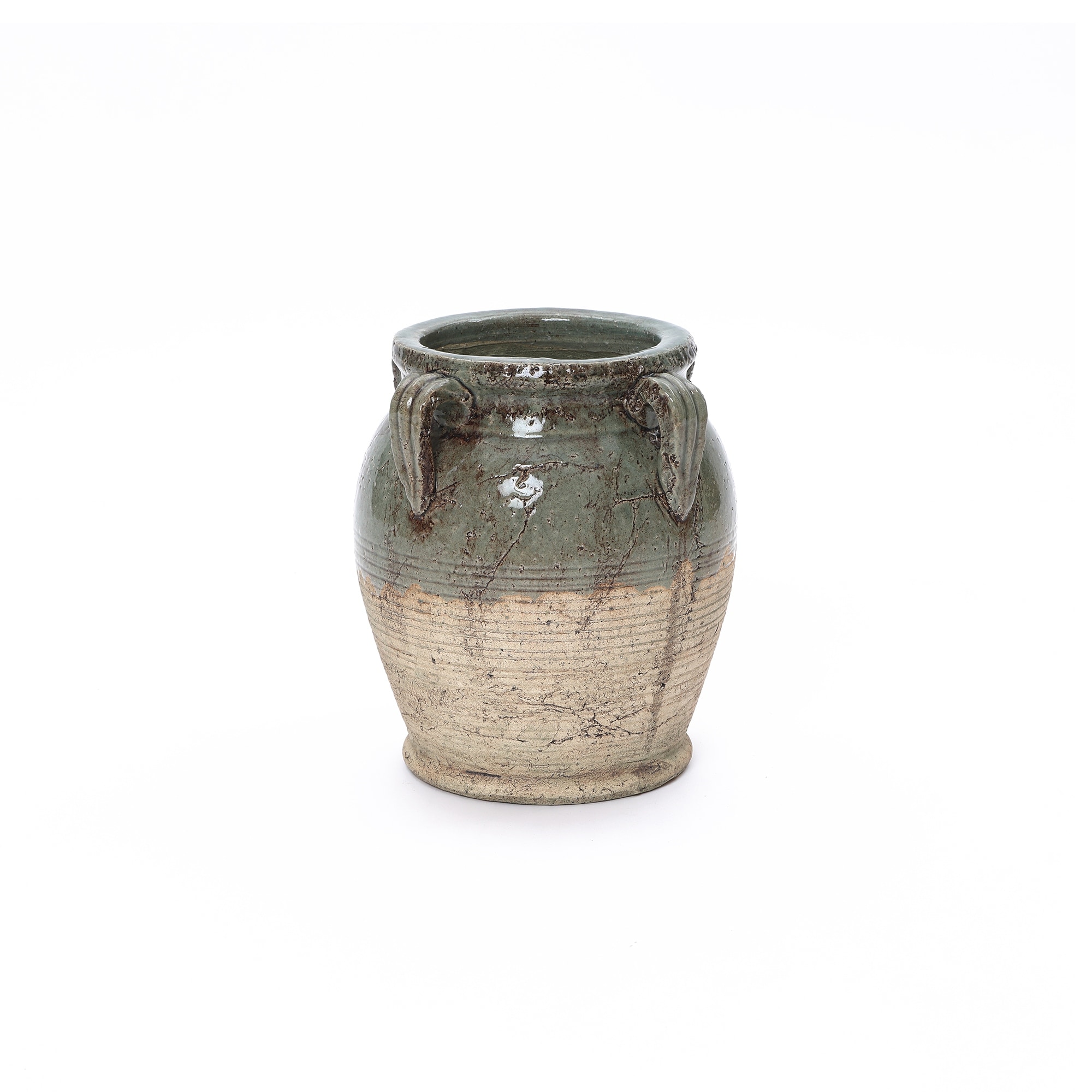 Rustic Green & Brown Terracotta Jar Vase with Four Handles, Pottery-Style Decor