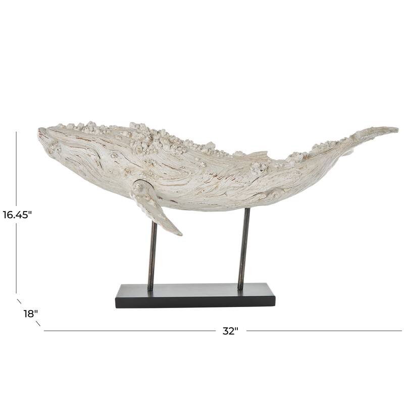 Cream Polystone Textured Whale Decorative Sculpture with Brown Distressing and Black Metal Stand