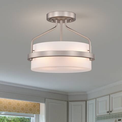 Stefani Matte Satin Nickel 2-Light Frosted Glass Drum Shade Semi-Flush Mount