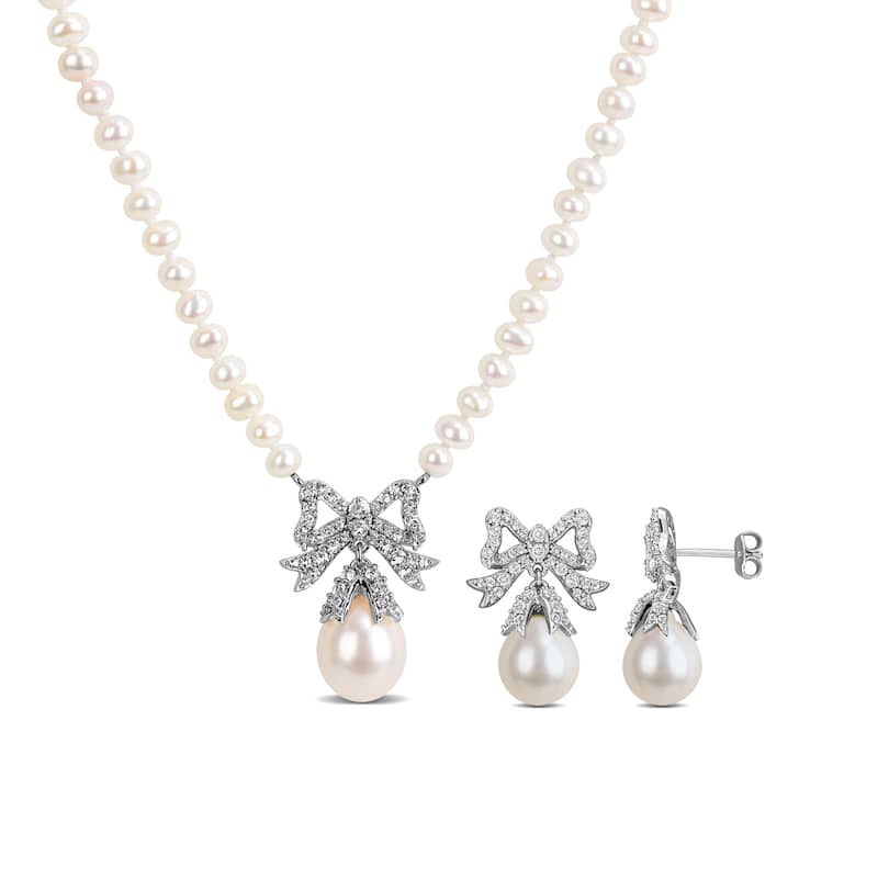 Miadora Sterling Silver Gemstone or Cultured Freshwater Pearl Bow Necklace and Earrings Set - White