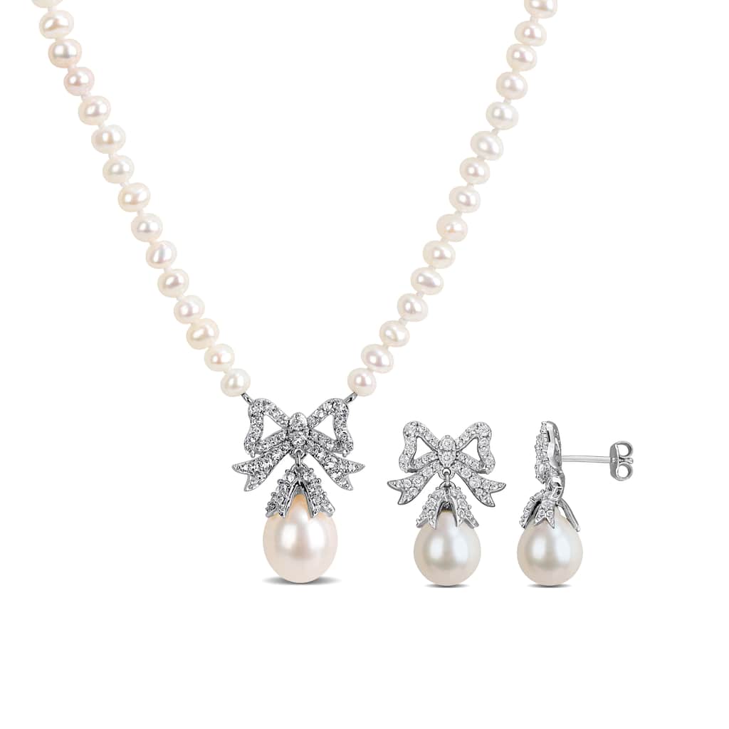 Miadora Sterling Silver Gemstone or Cultured Freshwater Pearl Bow Necklace and Earrings Set
