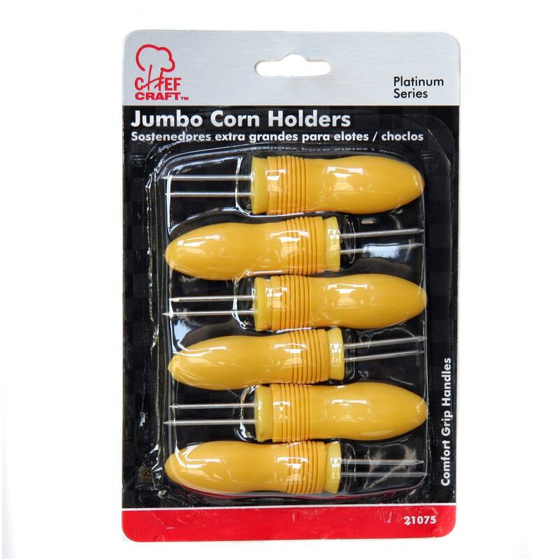 Chef Craft 3 Pair Soft Grip Handle Plastic Jumbo Corn Holders, 6 Piece Corn Cob Skewer Set