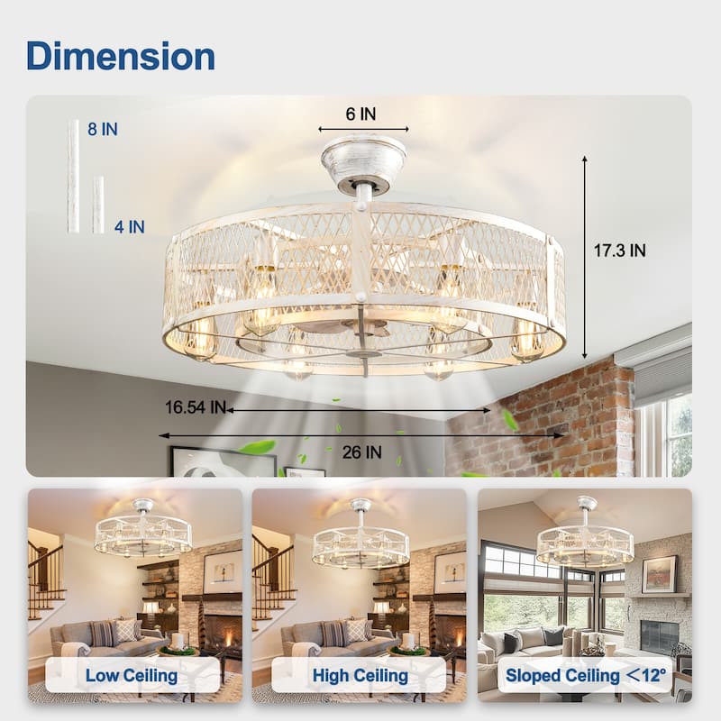 20-26" Caged outdoor Ceiling Fan with Light: Remote App Control-Farmhouse Fandelier Flush Mount Fixture Reversible 6 Speed Timer