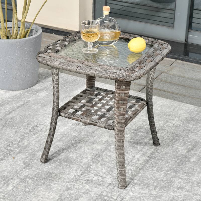 HOOOWOOO Outdoor Patio Grey Rattan Wicker Side Table