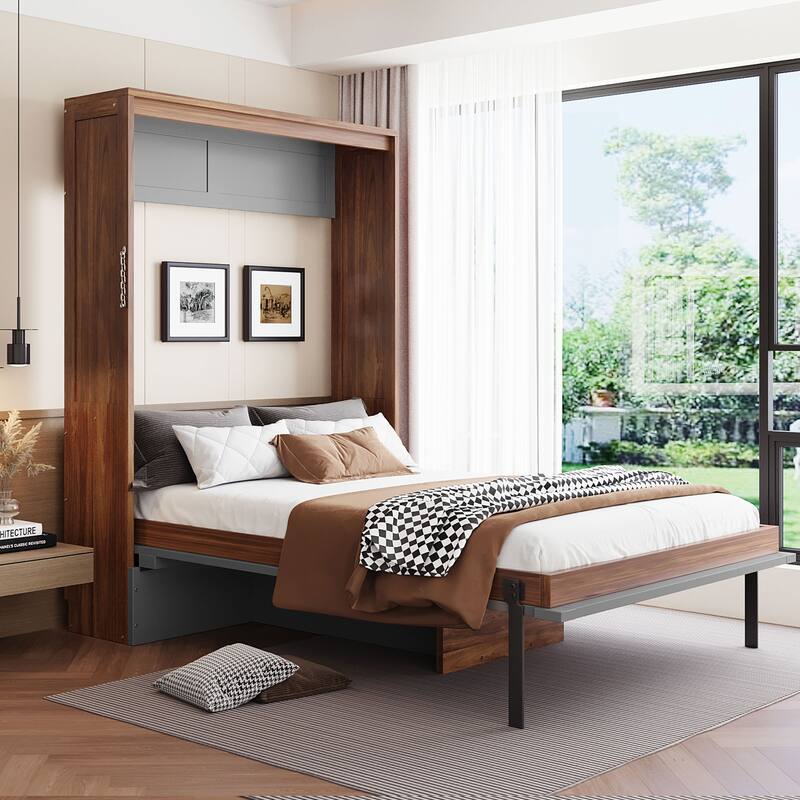 Full Size Murphy Bed Office Combo with Walnut Finish, Fold Down Bed w/ Workstation for Home Office Studio Contemporary Wall Bed