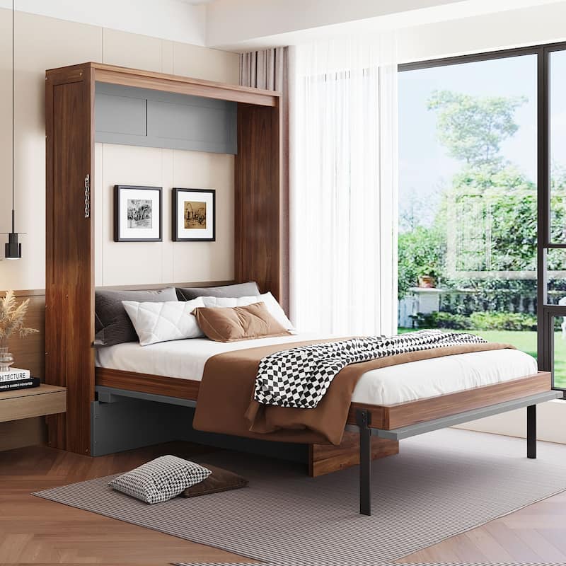 Space-Saving Full Size Murphy Bed with Foldable Desk in Walnut & Gray
