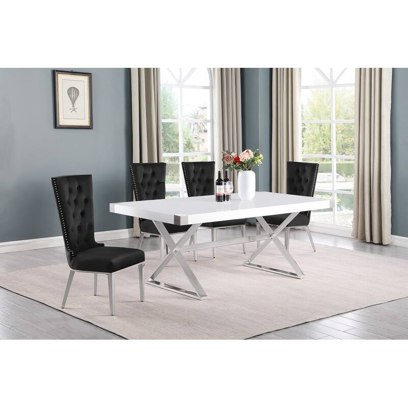 Best Quality Furniture D440/1-SC330-7 Dining Set with 78" White Lacquer Wood Top - 5-Piece - Black / Silver