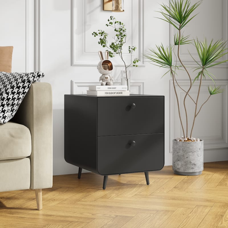 Night Stand Wooden End Table, Bedside Furniture Bedside聽Table with 2 Circular Handle Drawers, Nightstand Steel Frame Cabinet