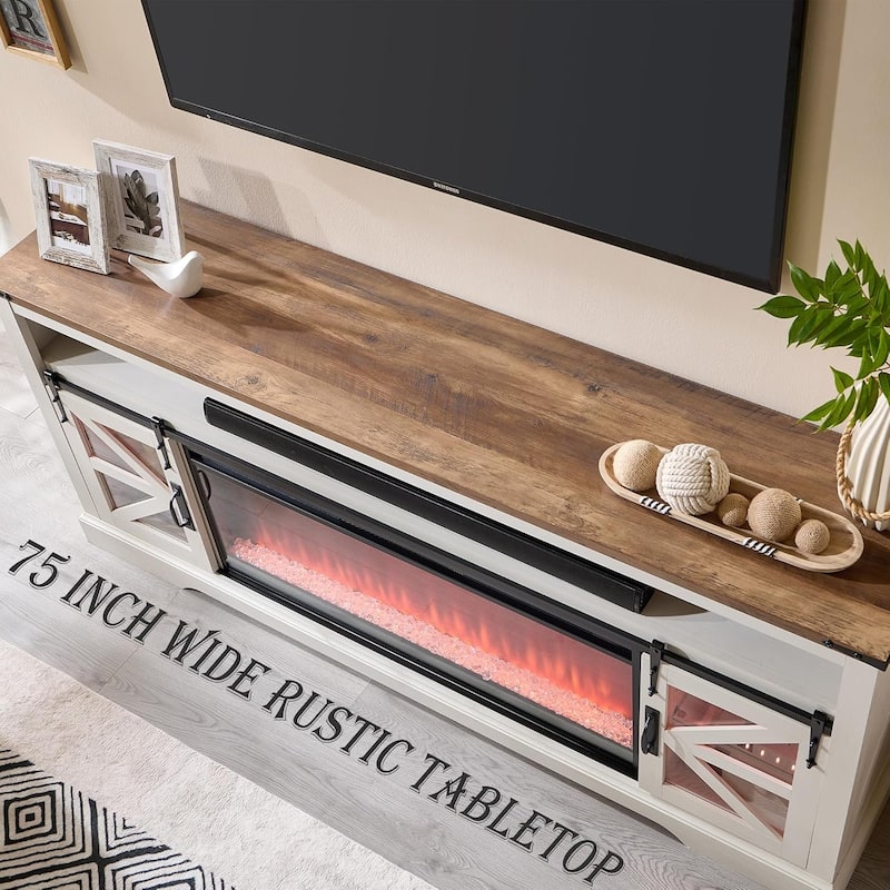 Farmhouse Fireplace TV Stand for 80" TV, Rustic Entertainment Center